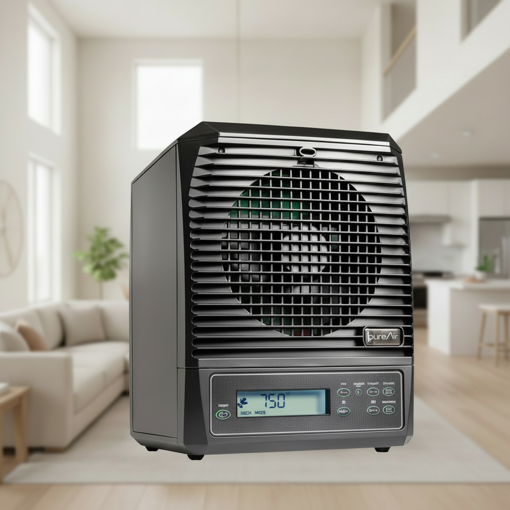pureAir 3000 air purifier floating with a blured background of a large living room and kitchen area