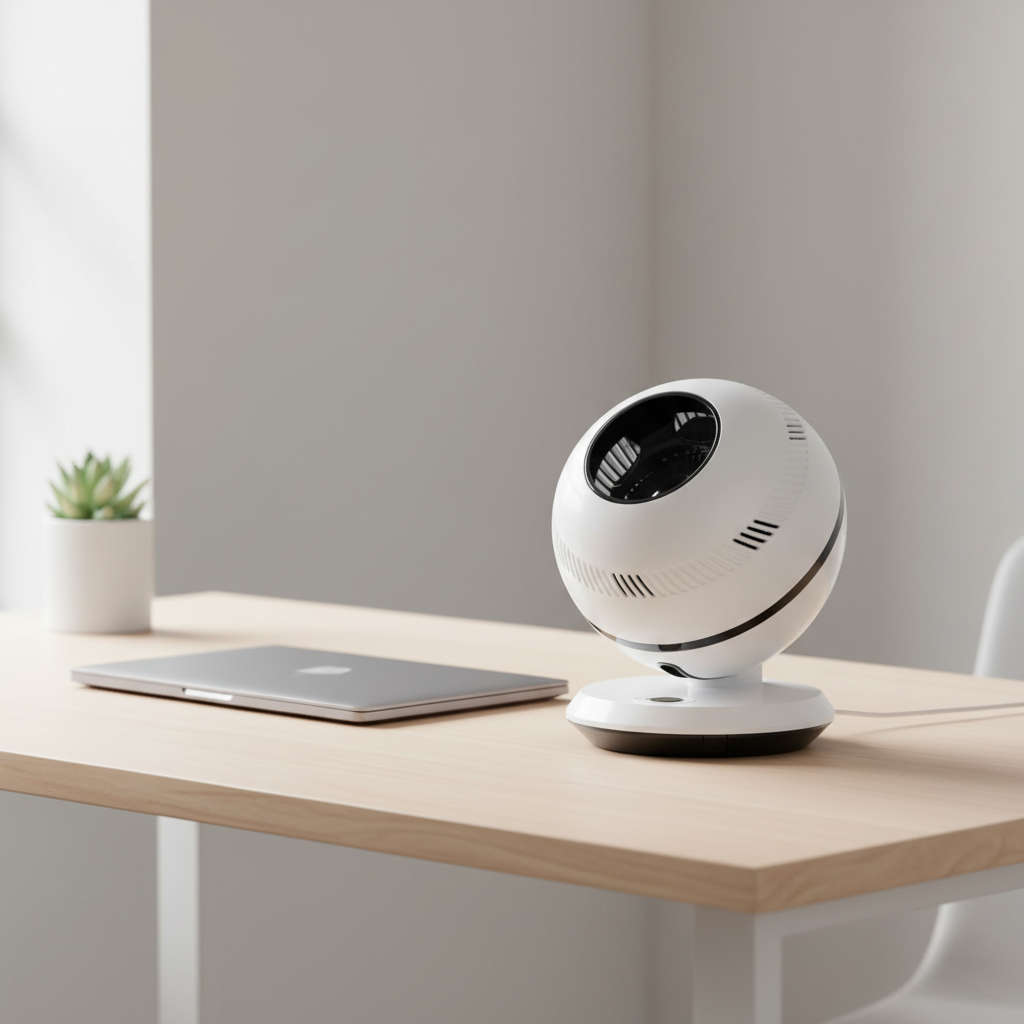 pureFlow QT7 bladeless fan from Greentech environmental on a desk with closed laptop