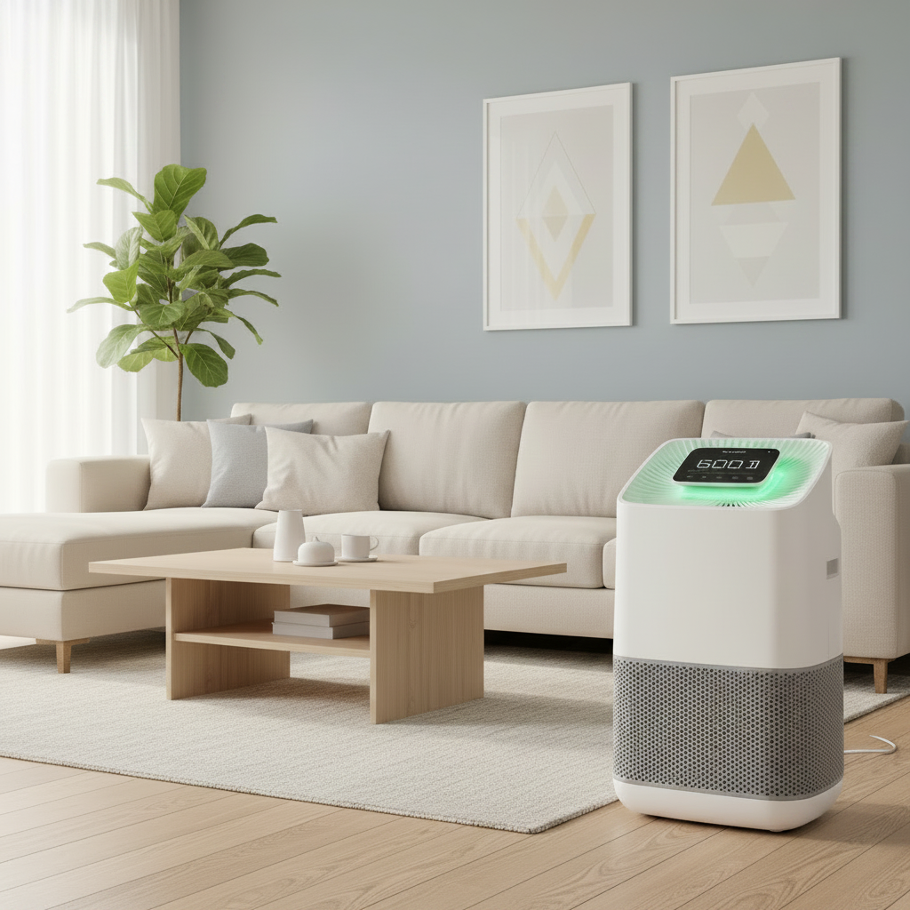 A modern white and gray Greentech Active HEPA+ Room air purifier with a glowing green LED display stands on a light wood floor in a bright, contemporary living room next to a beige sectional sofa and coffee table.