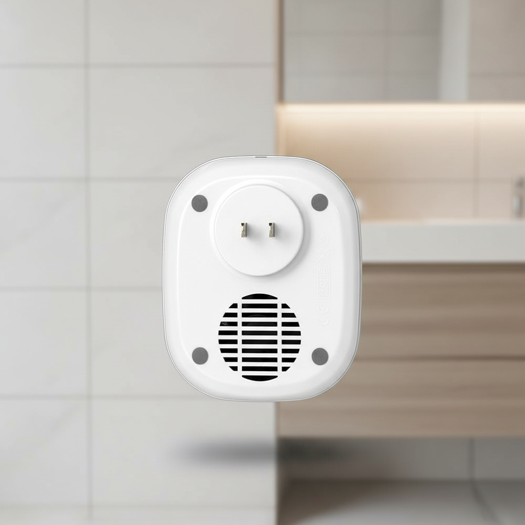 A white electronic plug-in airpurifier with a circular vent and two-pin socket, shown floating against a blurred bathroom background with tiled walls and a wooden vanity.