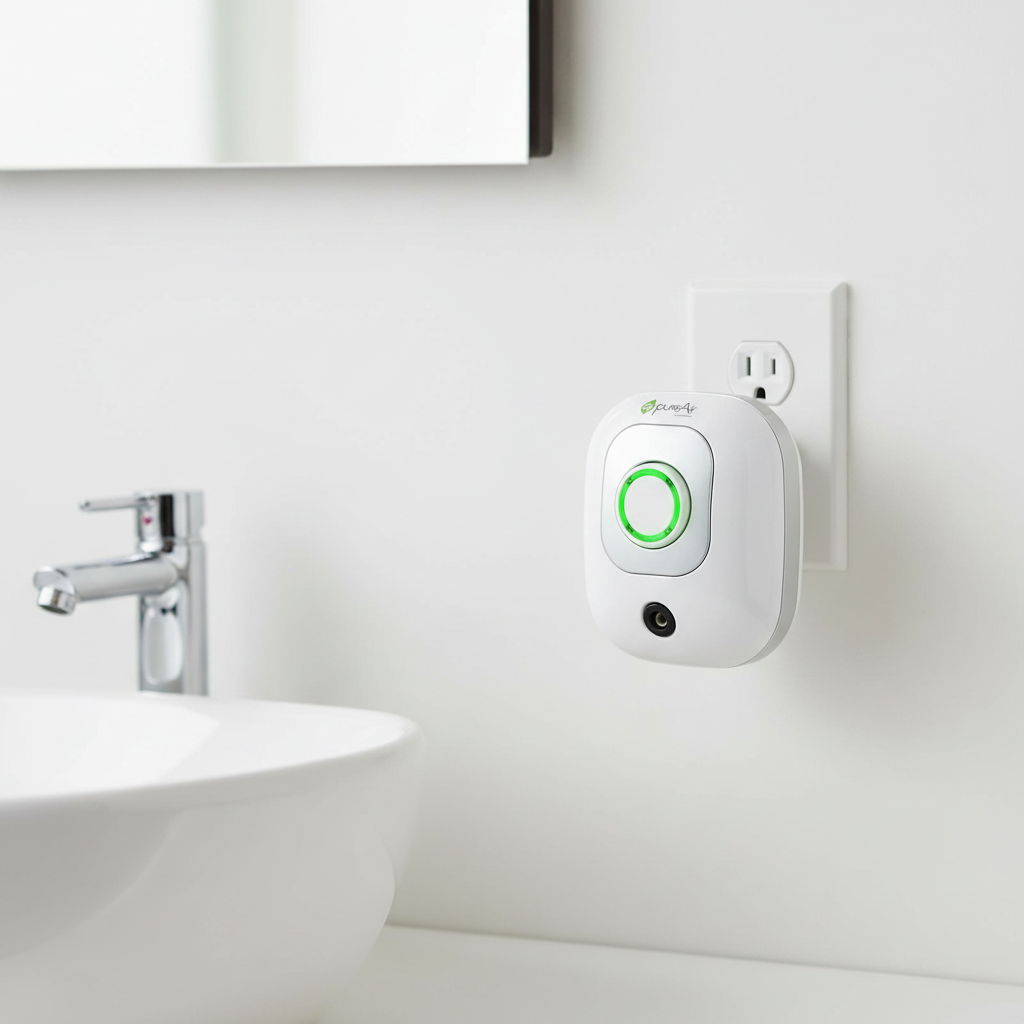 A white electronic plug-in pureair purifier device with a glowing green ring and small logo, mounted on a white bathroom wall next to a sink and outlet.