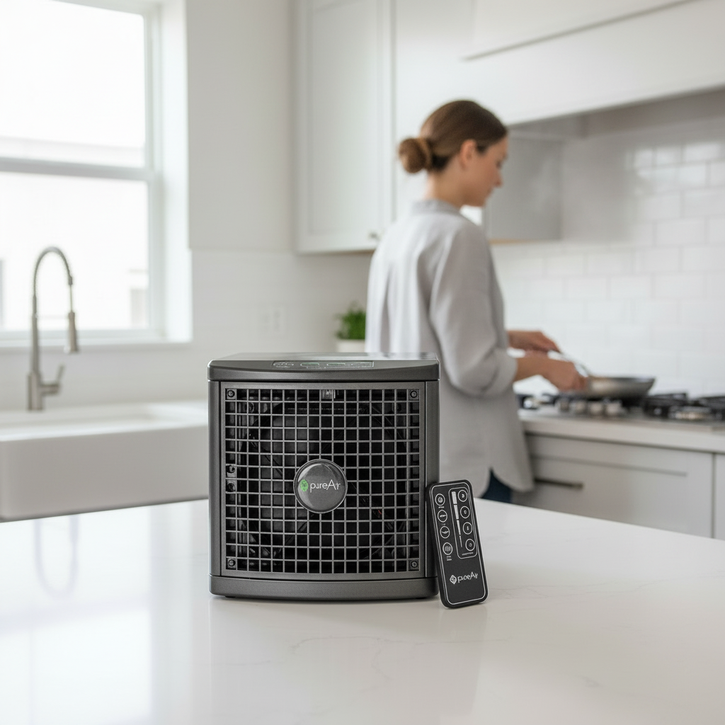 pureAir 1500 with remote sit on a kitchen counter while a woman cooks on a skillet in the blurred background. 