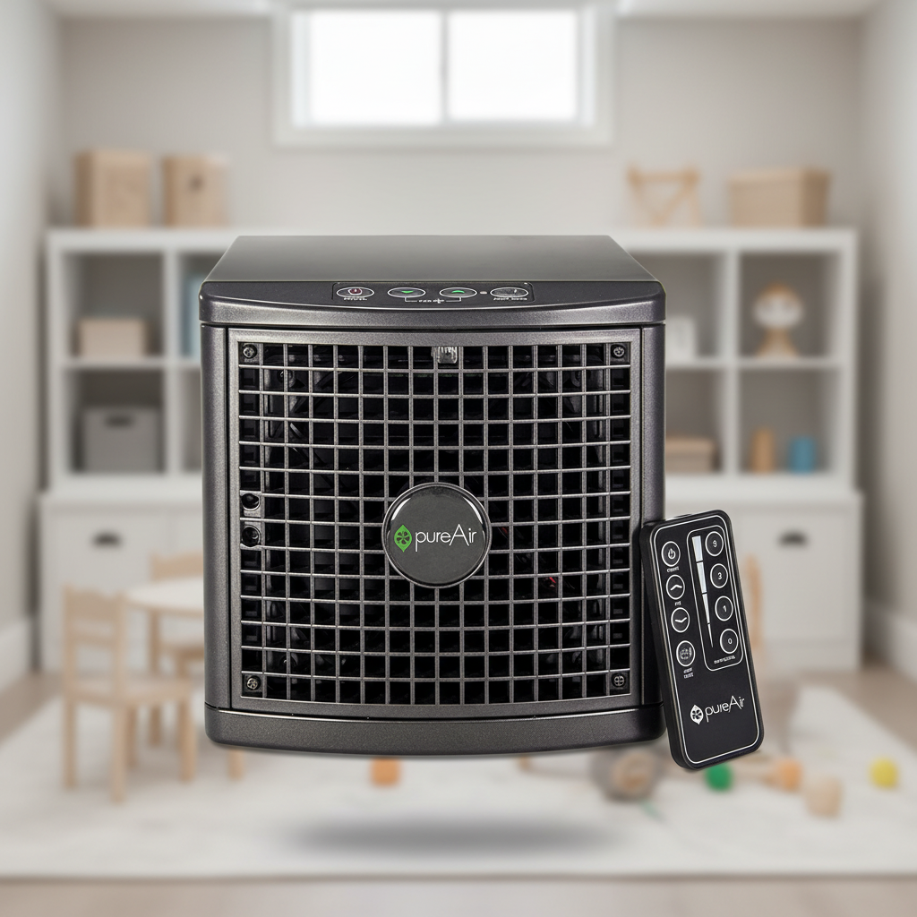 pureAir 1500 unit with remote control floating in a blurred basement playroom.