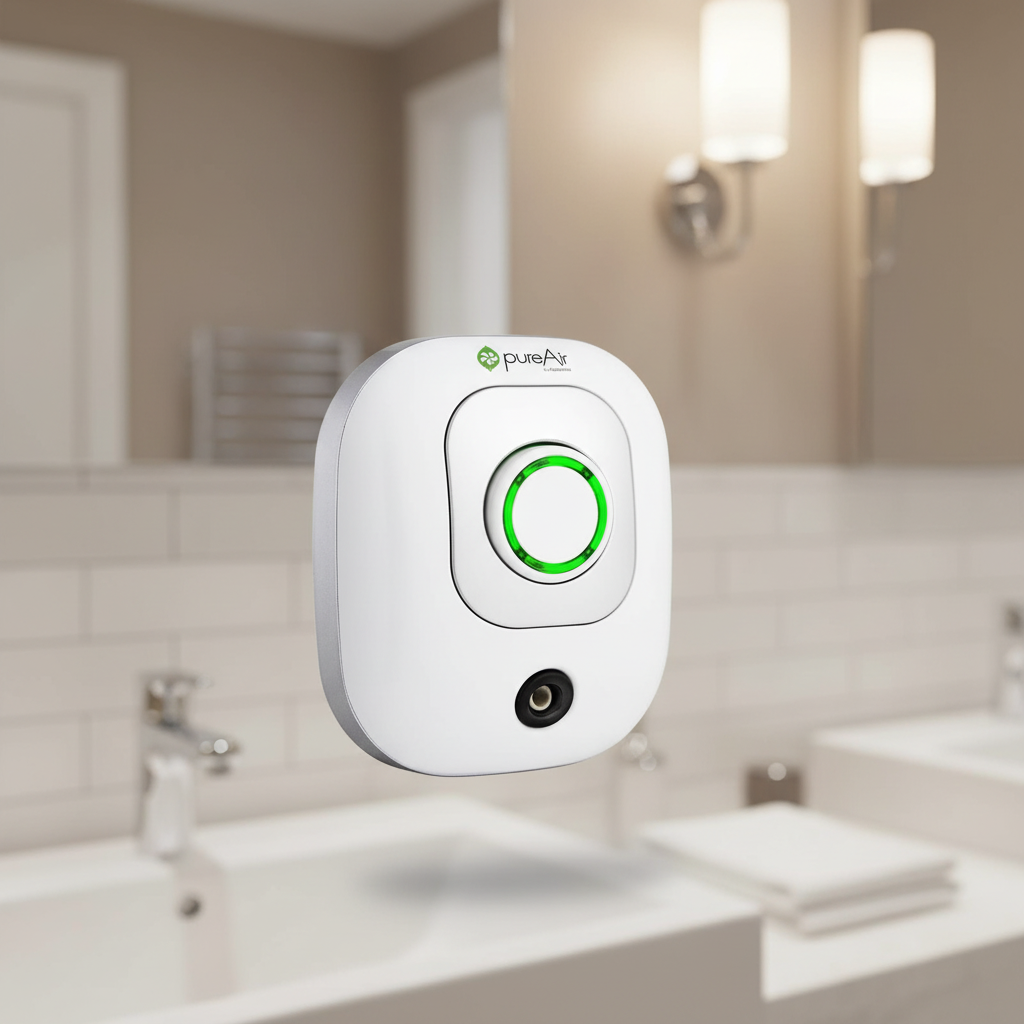 white air purifier,pureAir 50, Floating with a blurred background of a clean white bathroom.