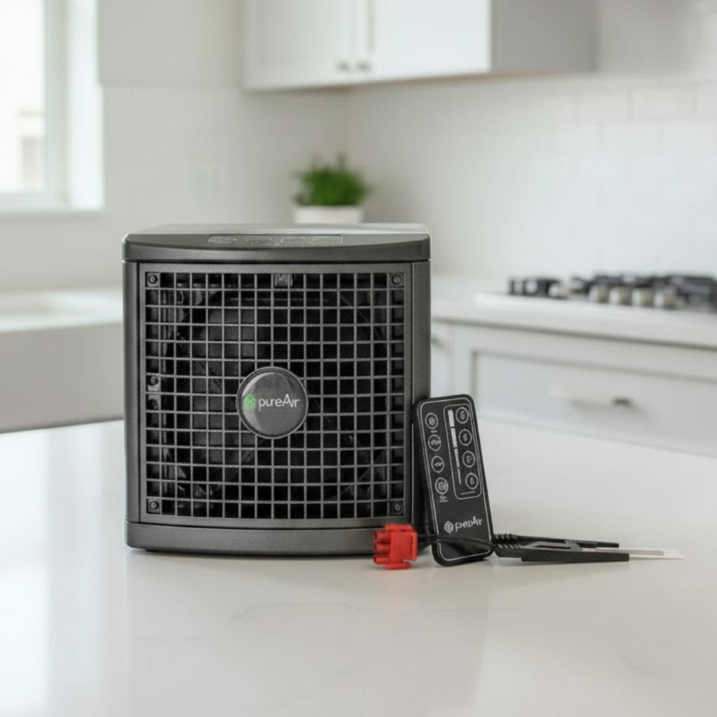 A compact PureAir 1500  dark gray sits on a white kitchen countertop with its remote control and replacement purification plate in front. The background shows a softly blurred modern kitchen interior.