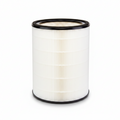 A cylindrical pleated replacement air filter with white pleated media and black plastic rims at the top and bottom, shown on a white background .Active HEPA+ Pro replacement filter.