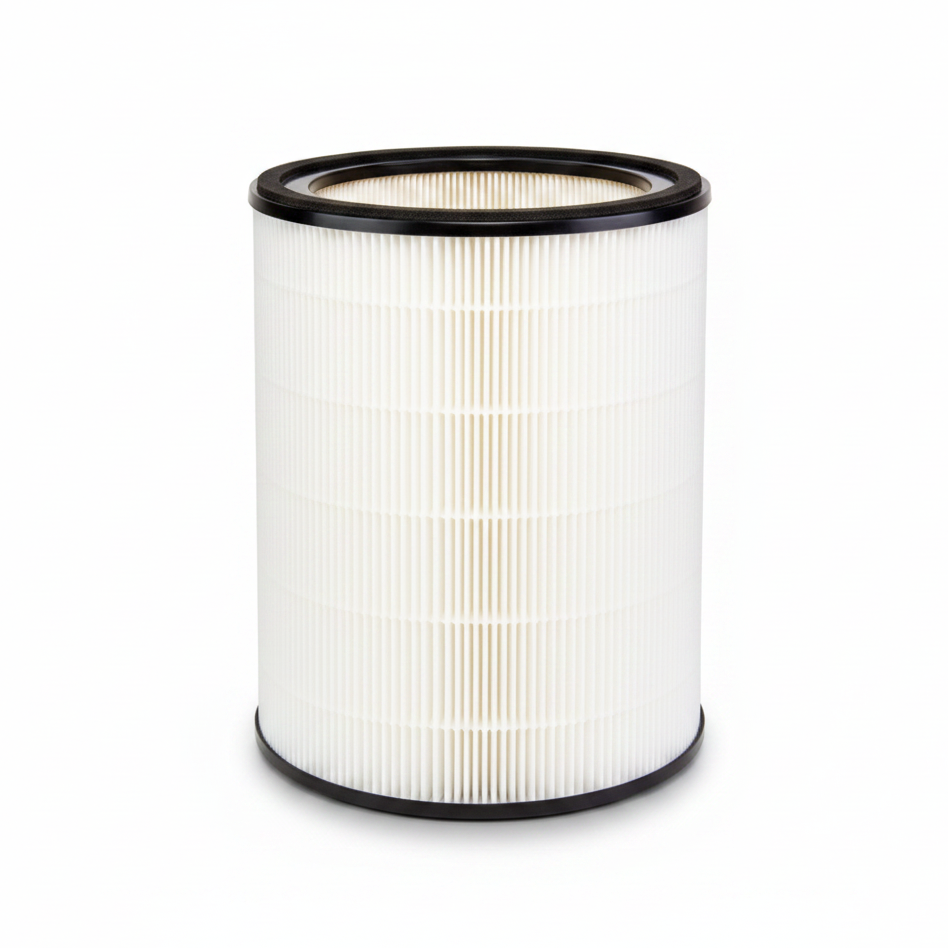 A cylindrical pleated replacement air filter with white pleated media and black plastic rims at the top and bottom, shown on a white background .Active HEPA+ Pro replacement filter.