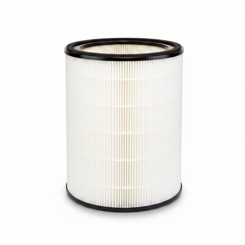 A cylindrical pleated replacement air filter with white pleated media and black plastic rims at the top and bottom, shown on a white background .Active HEPA+ Pro replacement filter.