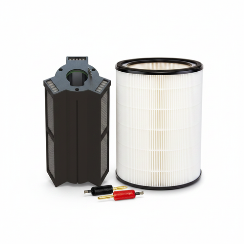 A replacement cylindrical pleated white air filter with a black rim, a PCO Cell, and two ion brushes, red and black.