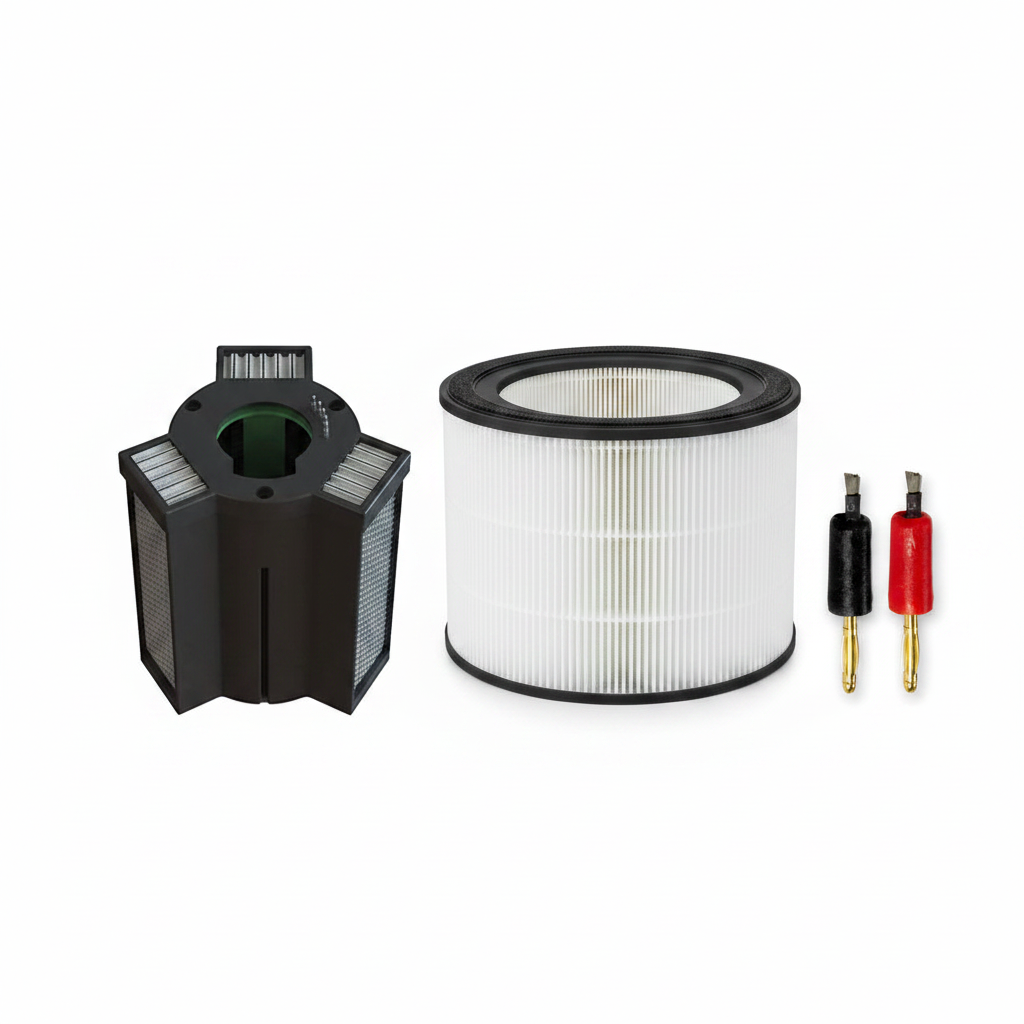 Active HEPA+ Room Annual Maintenance Kit - A replacement black and white pleated cylindrical air filter, a black PCO cell , and two ion brushes, red and black, displayed on a clean white background.
