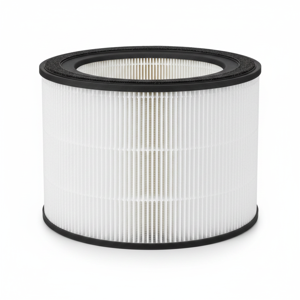 A cylindrical pleated air filter with a white pleated body and black rubber end caps, shown on a clean white background. For the Active HEPA+ Room