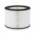 A cylindrical pleated air filter with a white pleated body and black rubber end caps, shown on a clean white background. For the Active HEPA+ Room