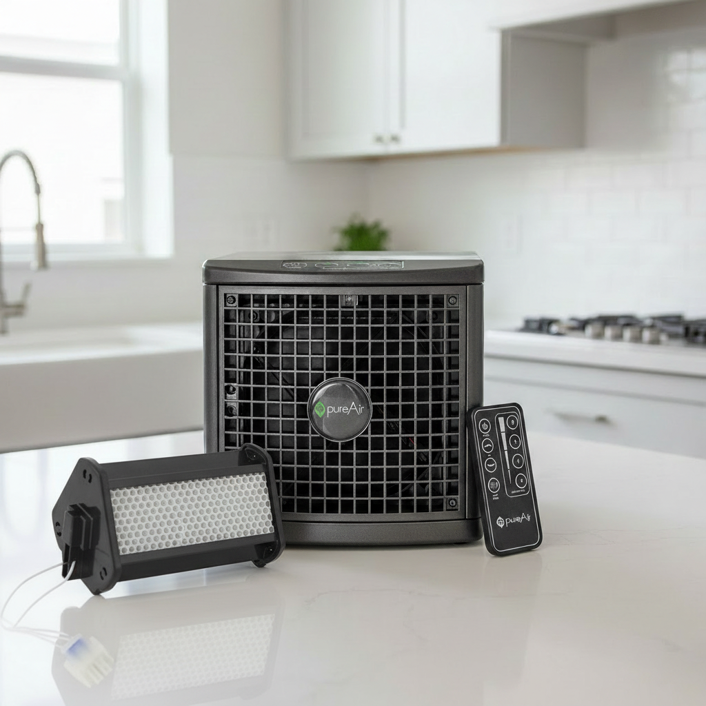 pureAir 1500 with remote and PCO cell replacement on kitchen counter