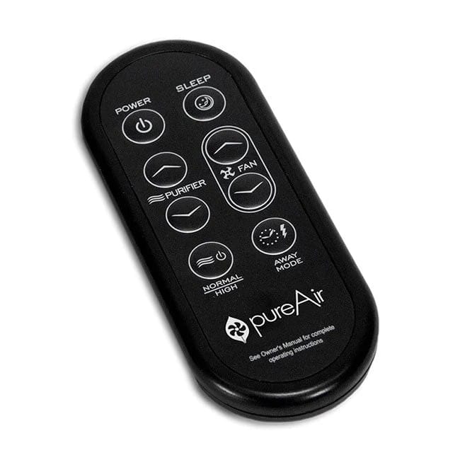 A black oval remote control with white printed buttons and labels for power, sleep, fan, purifier, normal high, away mode, and the pureAir brand, shown on a plain white background. pureAir 3000 Replacement Remote Control