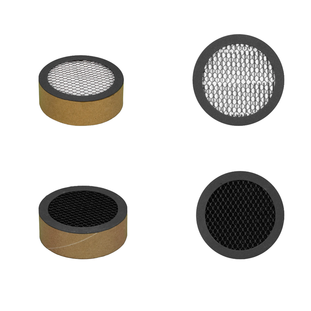 Four circular pureAir 501 filter  arranged in a 2x2 grid on a white background, showing both front and side views.