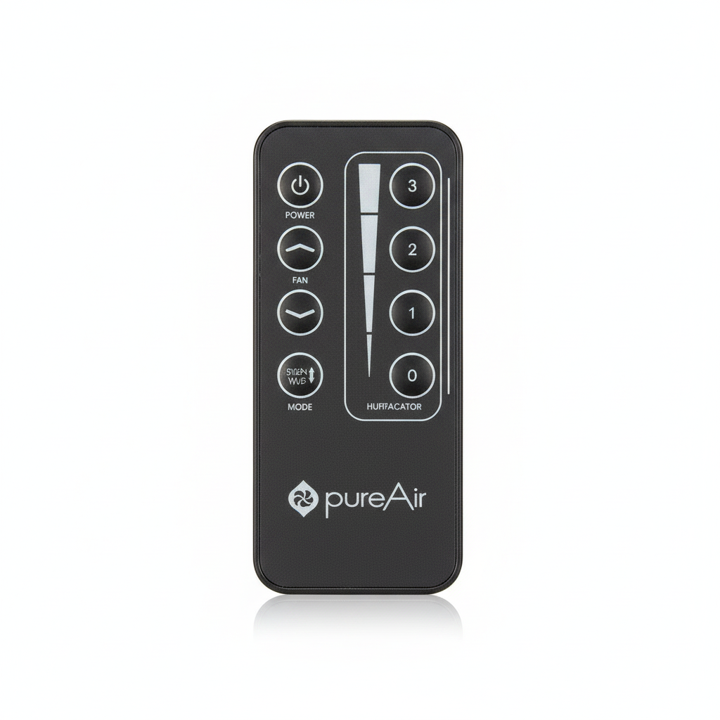A black handheld remote control with white icons and text for a pureAir 1500 , shown on a clean white background with a subtle reflection.