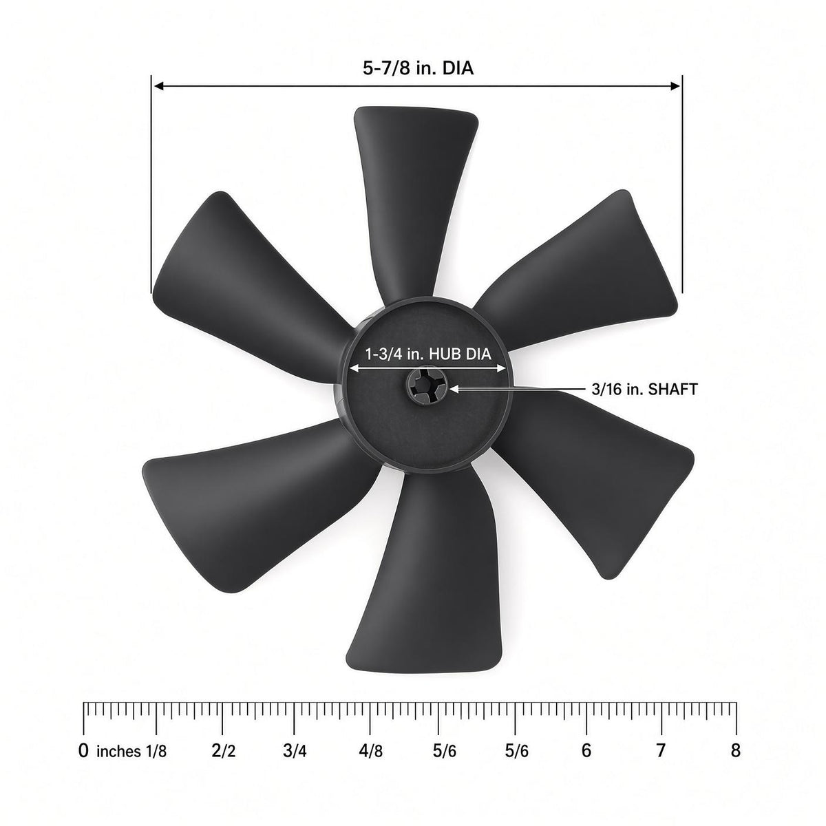 pureAir 3000 Replacemen 6 Blade fan with measurements showing: 5-7/8in DIA, 1-3/4 in HUB DIA, and 3/16in SHAFT