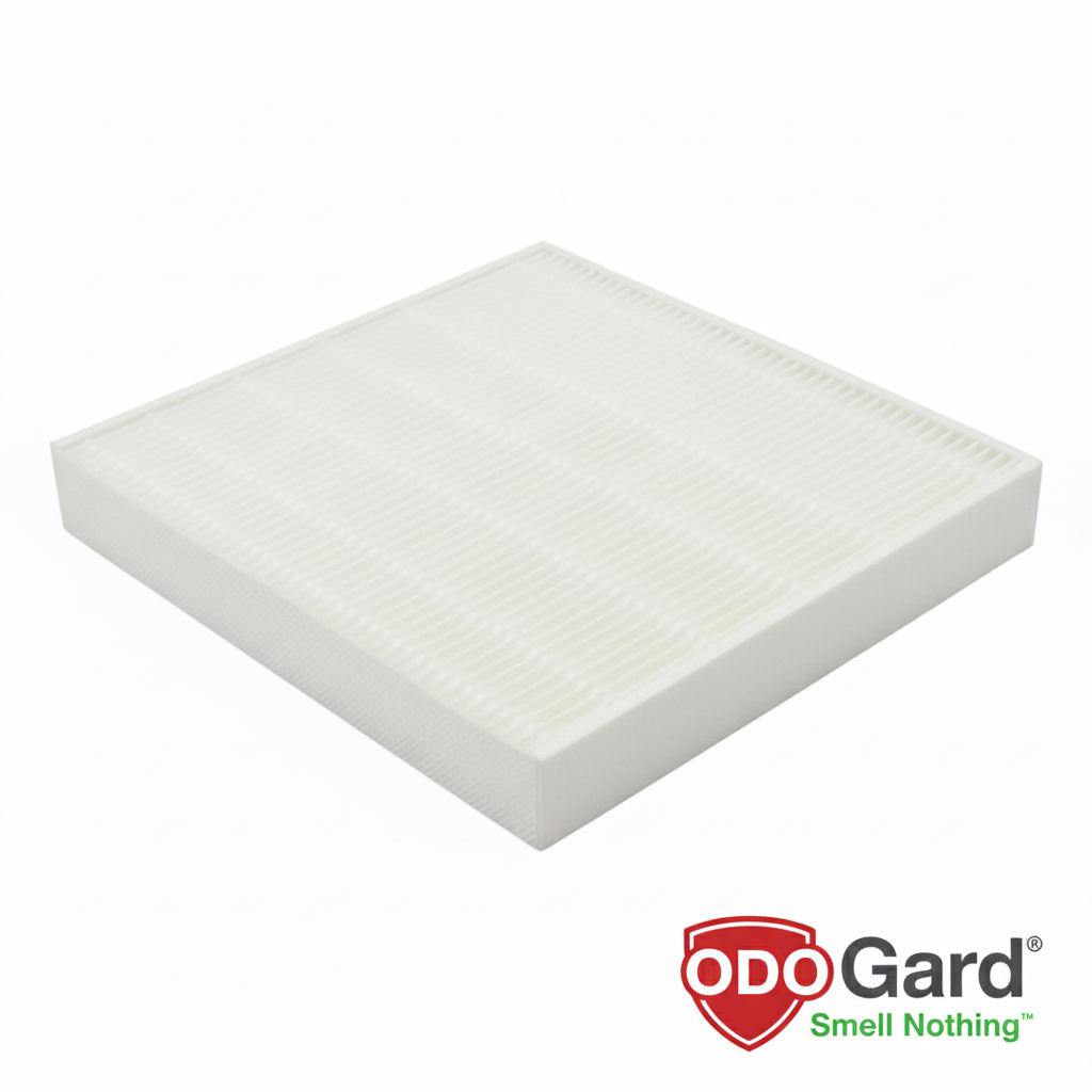 A square white pleated pureAir 3000 Replacement HEPA Filter with ODOGard®, air filter shown at an angle on a white background, with the ODOGard Smell Nothing logo in the bottom right corner.
