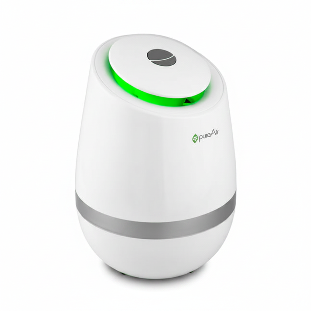 A white PureAir 501 air purifier with a green illuminated ring around the top lid and a silver metallic band on the lower half, shown on a clean white background.