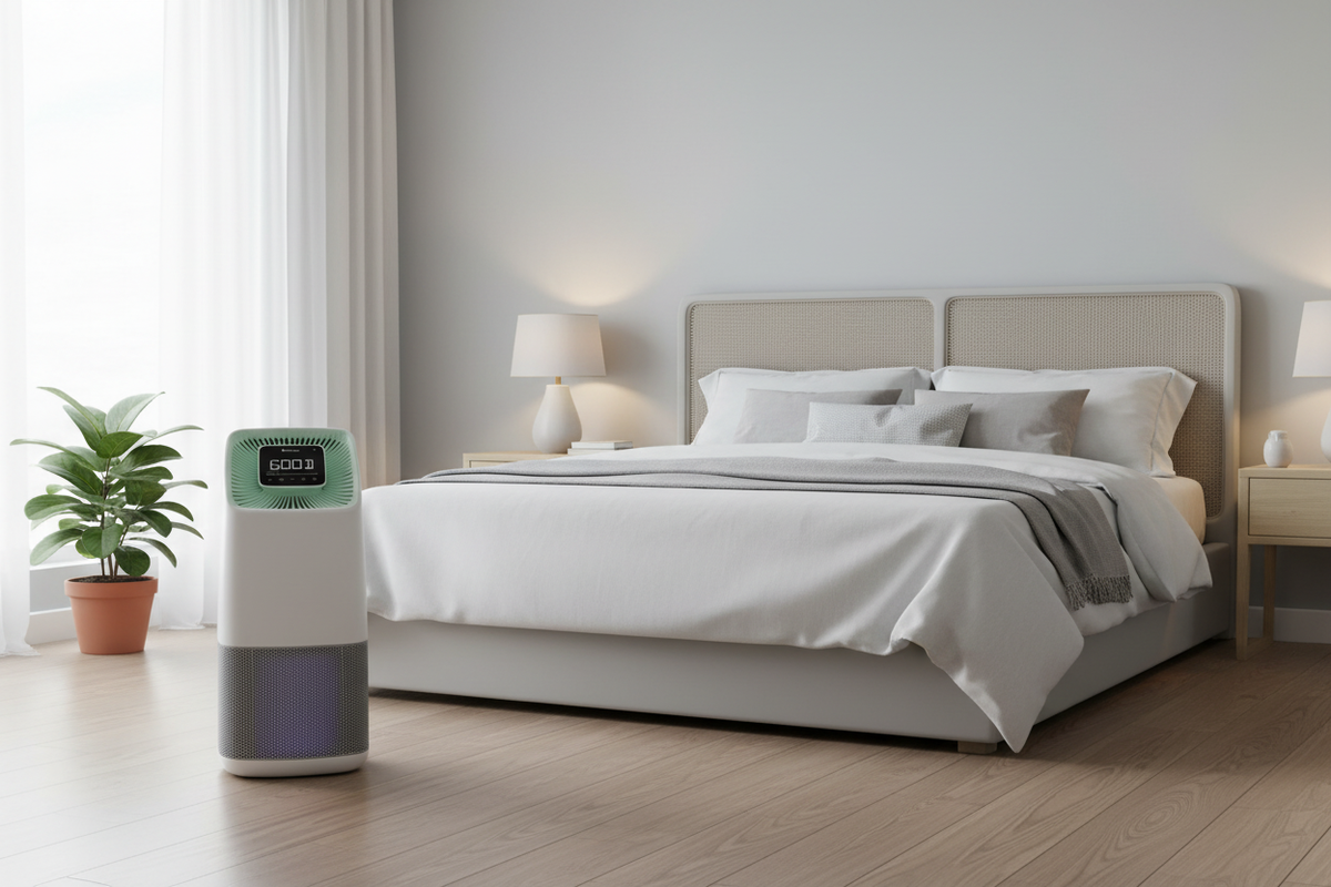 A modern bedroom scene with a neatly made bed, bedside lamps, and a small countertop device with a green top panel and white pureAir Active Hepa+ Pro standing on the floor near a potted plant.