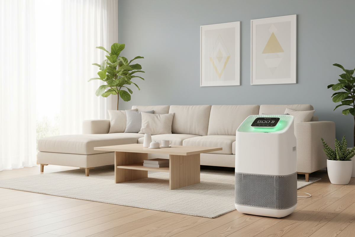 A modern white and gray pureAir Active Hepa+ Room air purifier with a glowing green digital display sits on a light wood floor in a bright, contemporary living room next to a beige sectional sofa and coffee table.
