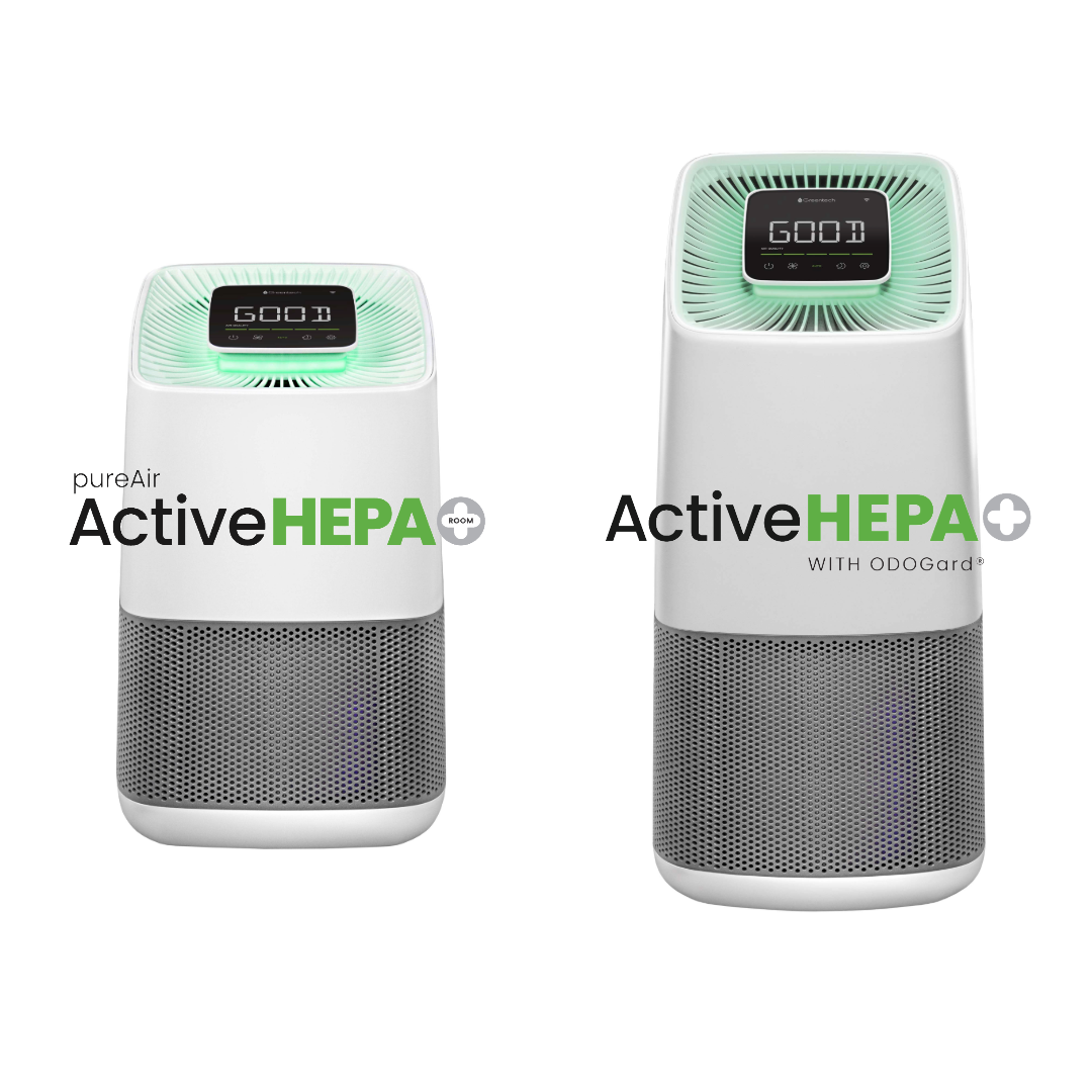 Two white and gray purifiers side by side on a white background, one labeled 'pureAir ActiveHEPA+ Room' and the other 'ActiveHEPA+' with 'WITH ODOGard+' text. Both have green illuminated tops and digital displays showing 'Good".