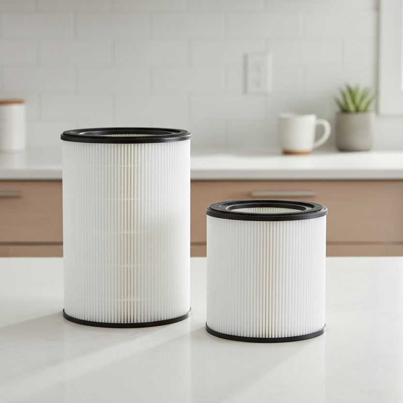 Two white pleated pureAir Active HEPA+ Pro and Room with OdoGuard air filters with black rims, one larger and one smaller, standing on a white kitchen countertop with a blurred kitchen background.