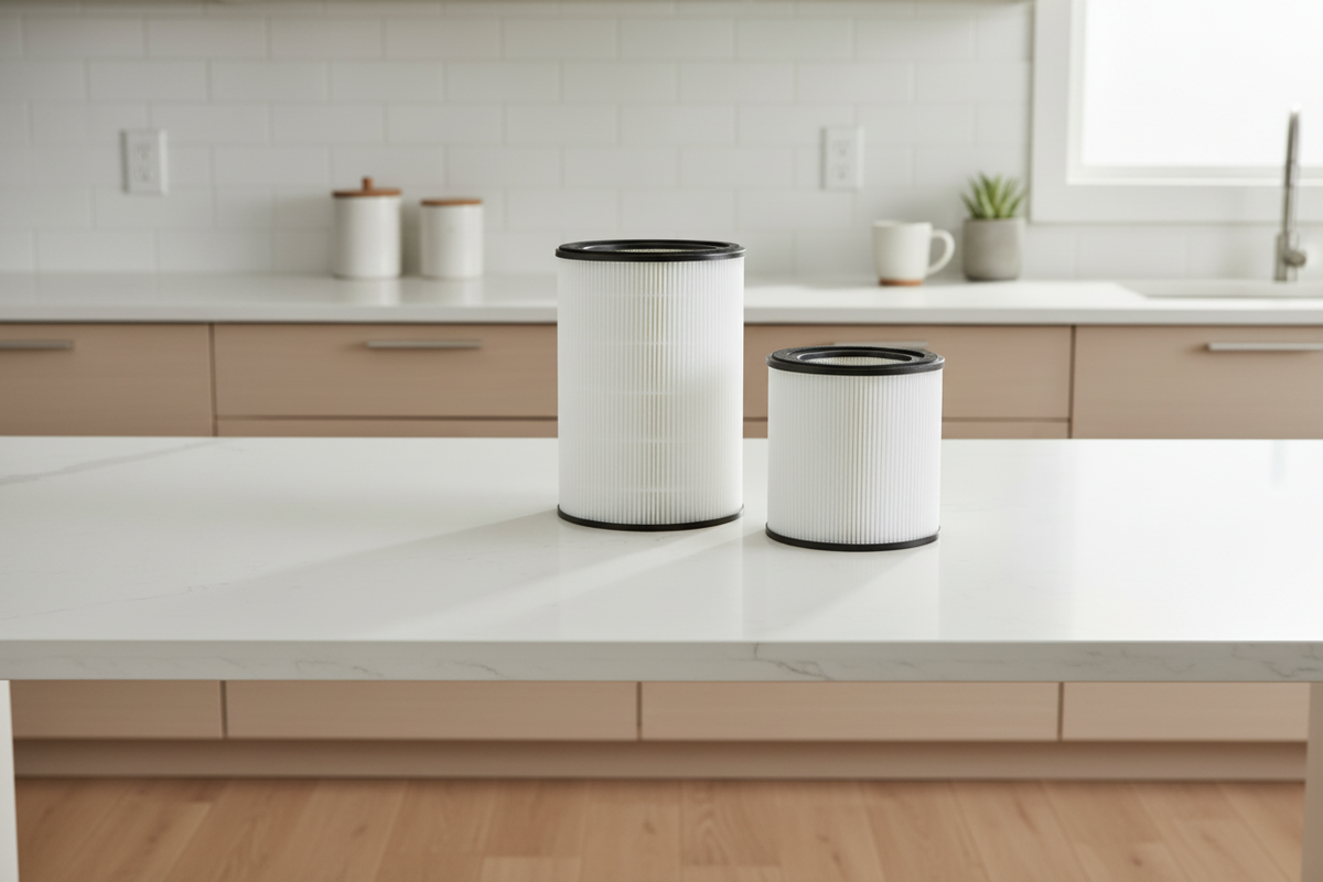 Two white pleated pureAir Active HEPA+ Pro and Room with OdoGuard air filters with black rims, one larger and one smaller, standing on a white kitchen countertop with a blurred kitchen background.