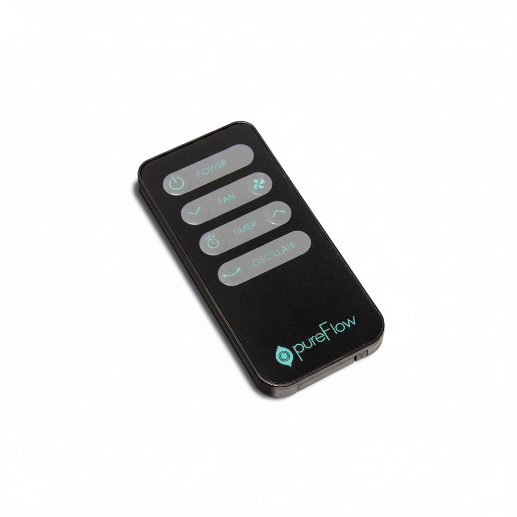 A black PureFlow QT7 remote control with gray buttons and light blue text, shown on a clean white background. 