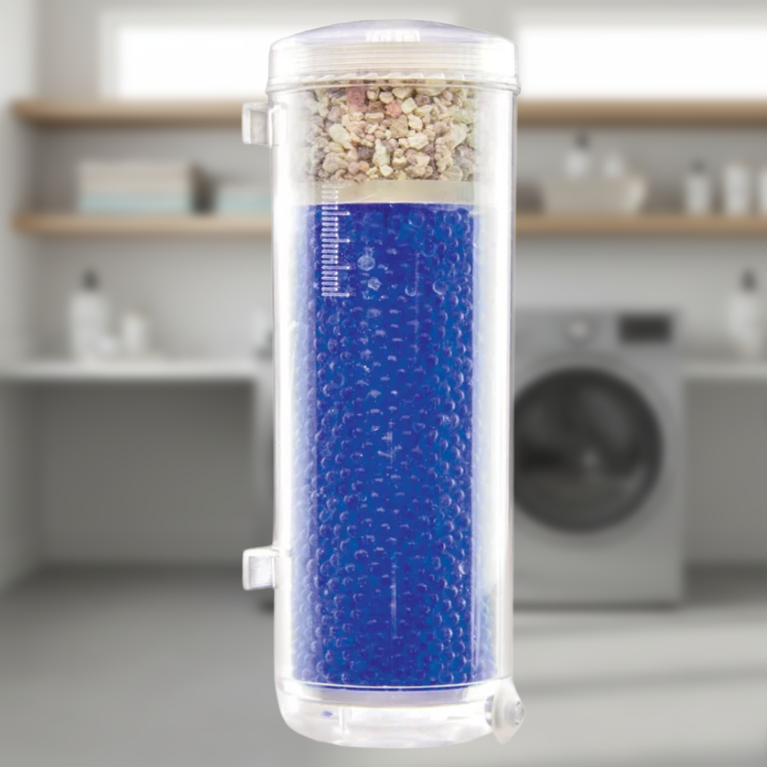 A clear cylindrical cartridge with a blue bead-filled center chamber and a beige gravel top layer, shown against a blurred laundry room background with a washing machine visible.
