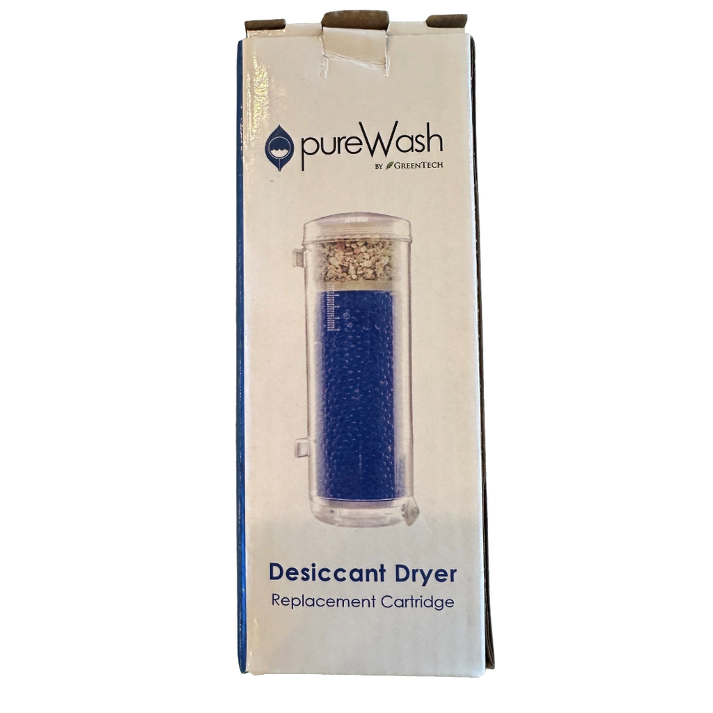 PureWash by Aqualung Desiccant Dryer replacement cartridge box, showing the product image of a blue cartridge with a white top filter on a white and blue cardboard package.