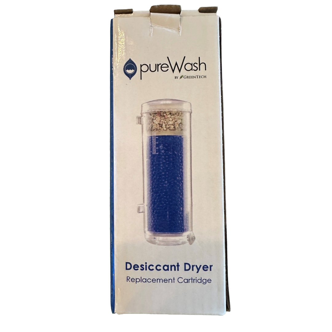PureWash by Aqualung Desiccant Dryer replacement cartridge box, showing the product image of a blue cartridge with a white top filter on a white and blue cardboard package.