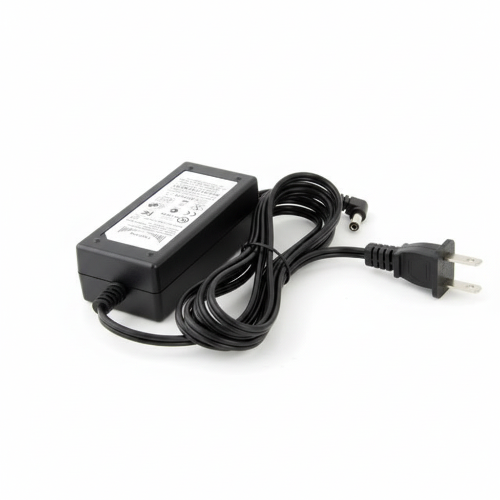 A black AC adapter power supply with a coiled black cable, a barrel connector, and a two-prong US plug, shown on a white background. pureAir 1500 AC/DC Power Supply 
