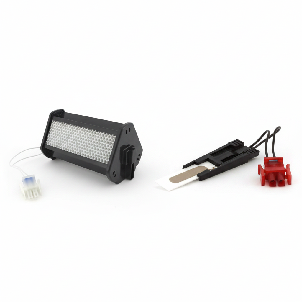 A rectangular black PCO cell for the pureair 1500, shown alongside a small ceramic purification plate connector cable and a red-and-black electrical connector on a clean white background.