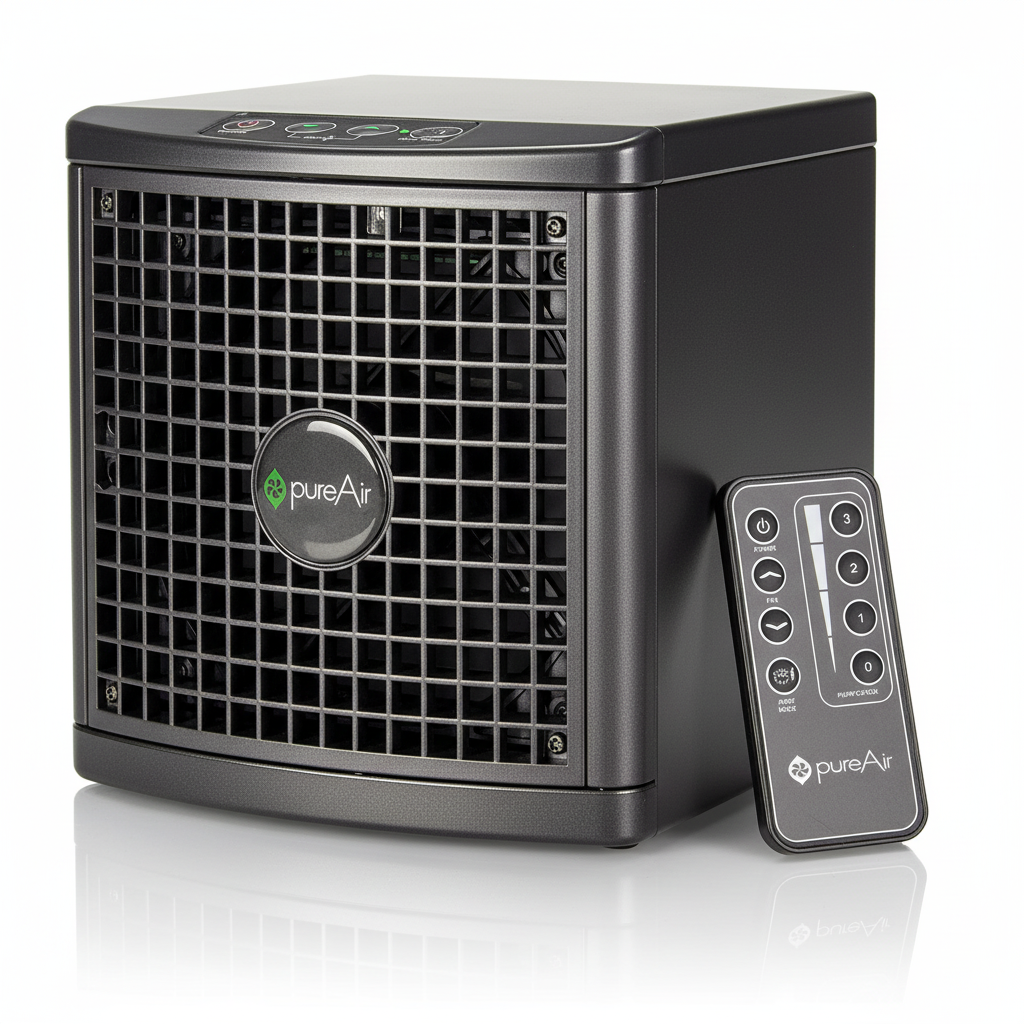 A compact PureAir portable air purifier in black with a front grille and a matching remote control, shown on a clean white background with a subtle reflection.