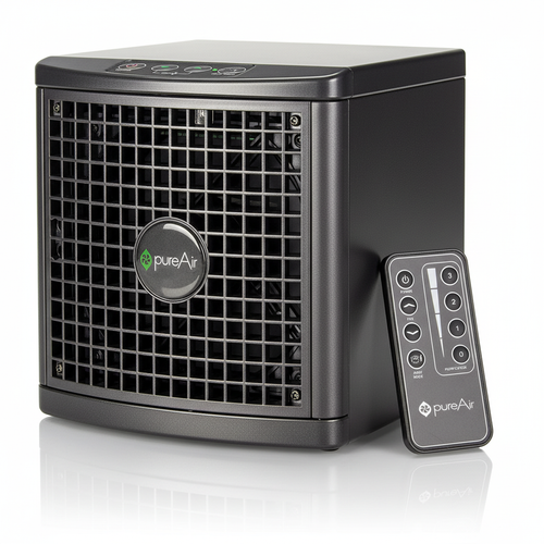 A compact PureAir portable air purifier in black with a front grille and a matching remote control, shown on a clean white background with a subtle reflection.