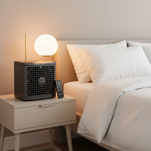 A modern black pureAir 1500 air purifier with a glowing spherical lamp in the back, placed on a light wood nightstand next to a bed with white linens in a softly lit bedroom.