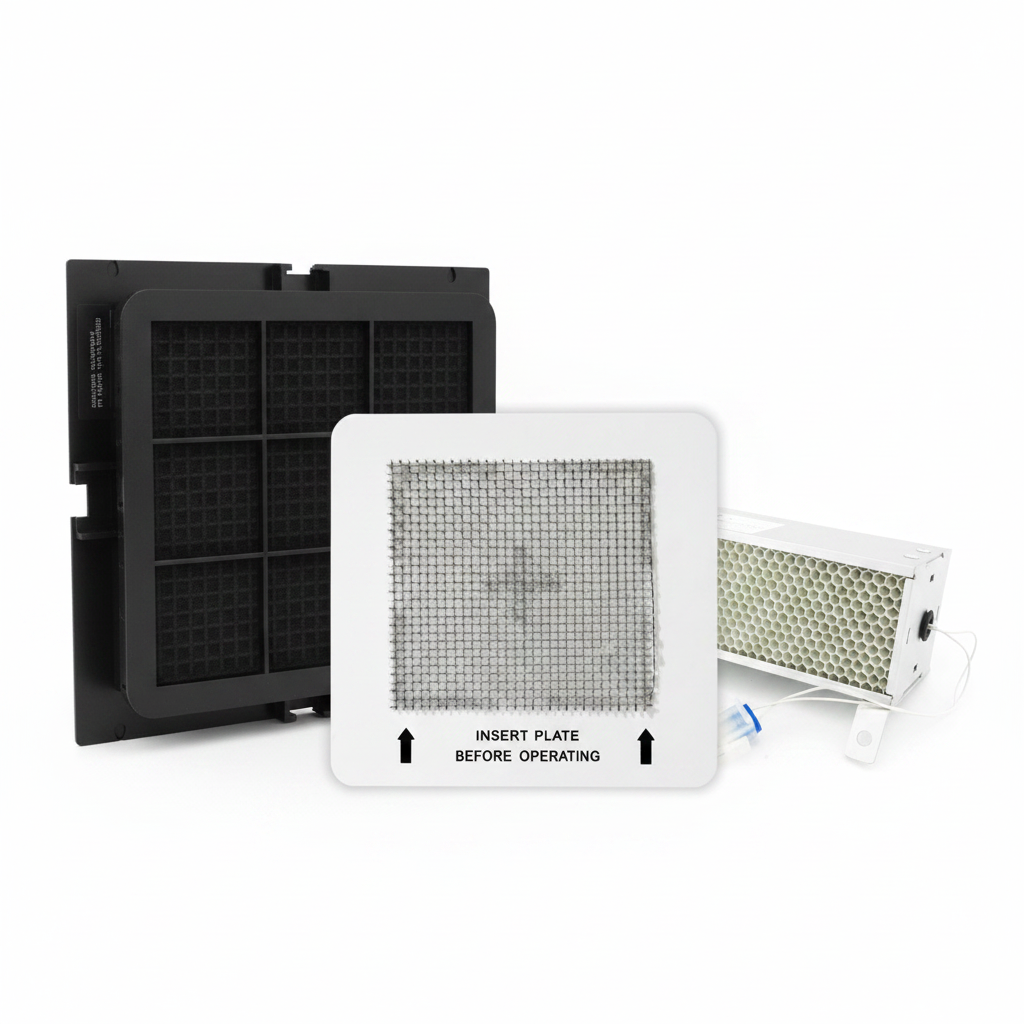 A replacement white purification plate with a mesh center and printed text reading 'INSERT PLATE BEFORE OPERATING' is shown in front of a black mesh filter for the pureair 3000 and a white pco cell all with set with a white background 