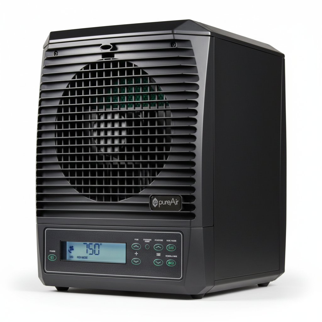 A black PureAir3000 air purifier r with a digital display showing, set against a plain white background.