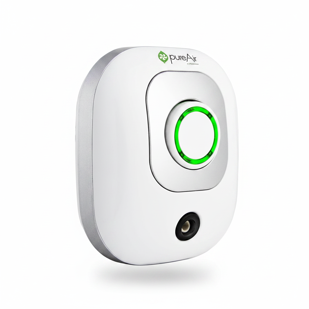 A white PureAir plug-in air purifier with a green illuminated ring button, shown on a clean white background.