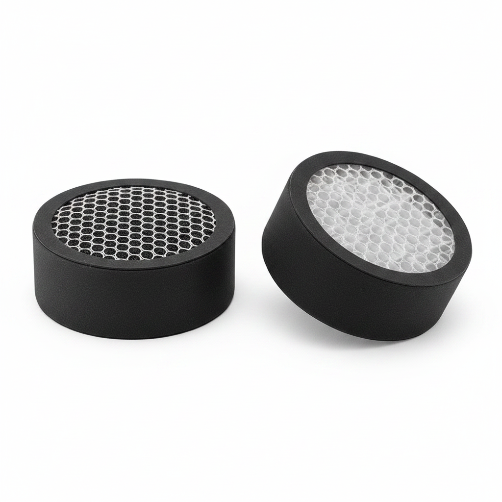 Two circular black pureAir 500 filter cartridges, both showing a honeycomb mesh pattern on the top, on a white background.