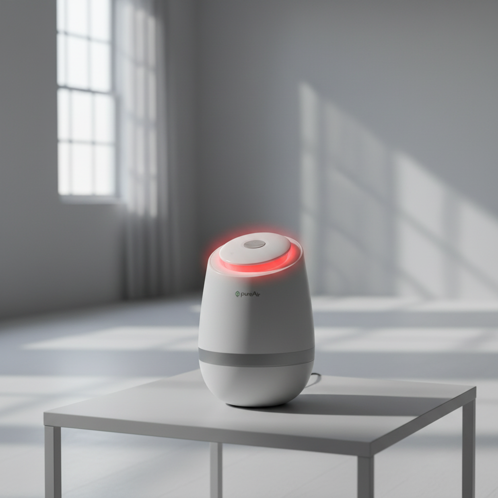 A small white pureAir501 air purifier  with a glowing red top ring sits on a white table in a minimalist gray room with sunlight streaming through a window.  