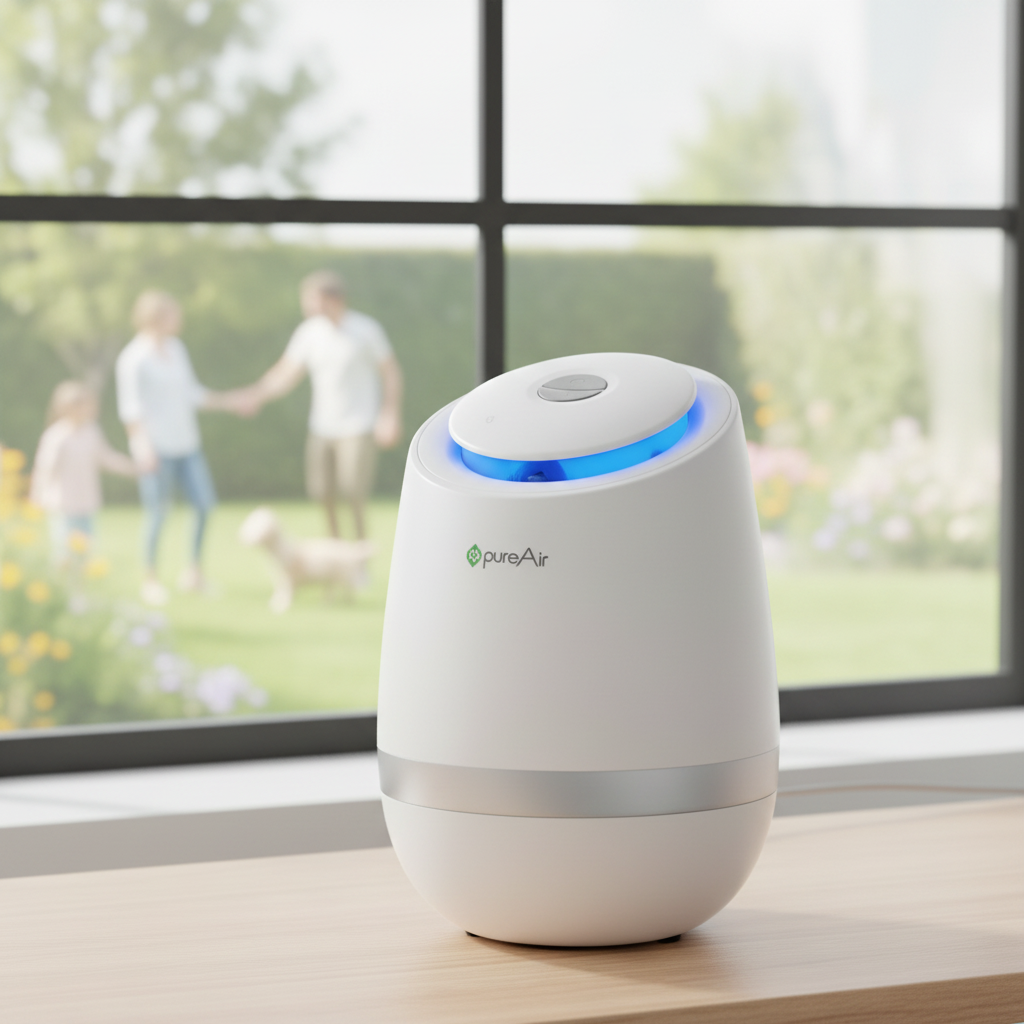 A white pureAir 501 air purifier with a glowing blue light ring and a silver band, sitting on a wooden table in front of a window with a blurred outdoor garden scene in the background. 