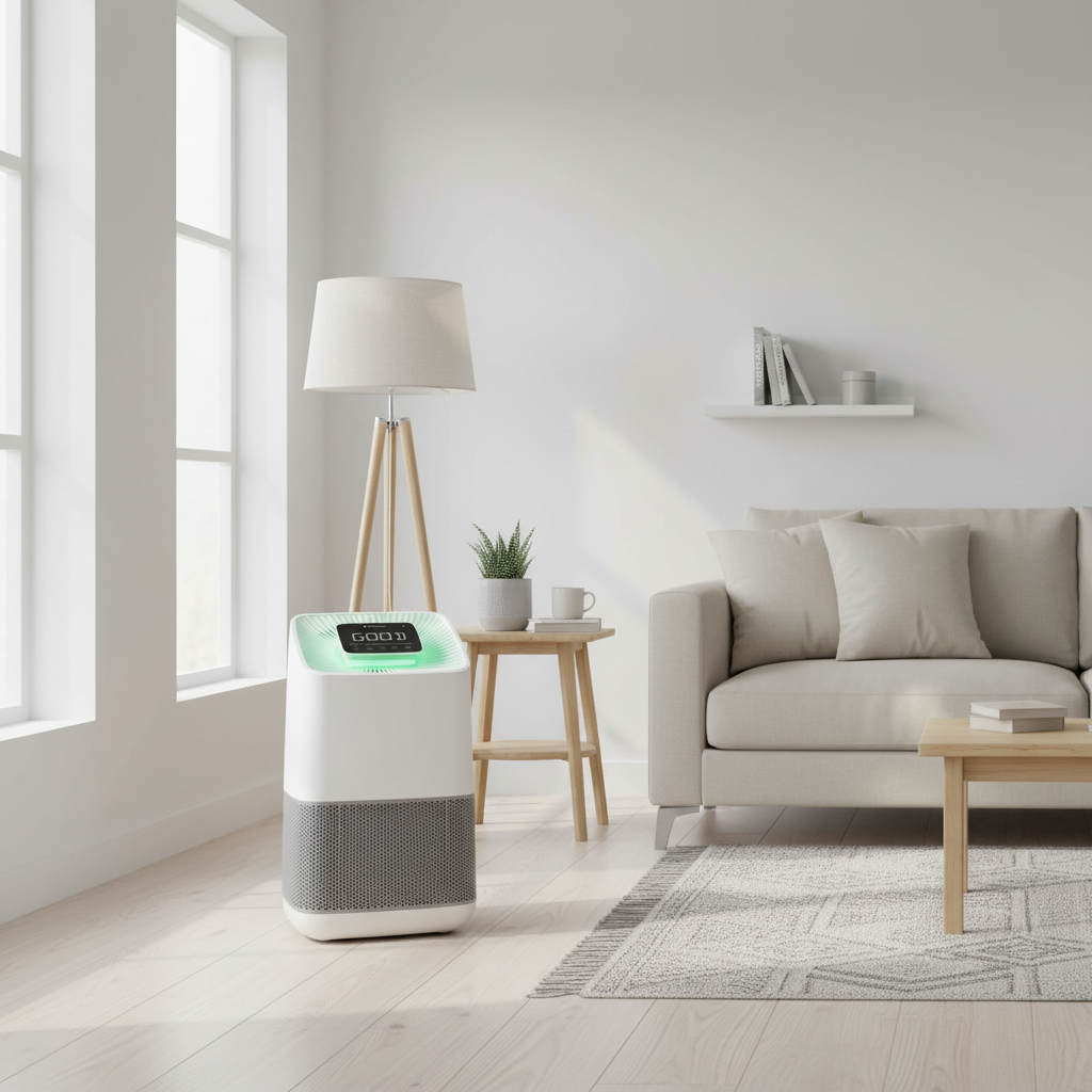 A white and gray pureair HEPA+ Room air purifier with a green illuminated top panel stands on a light wood floor in a bright, modern living room next to a window, with a sofa, lamp, and coffee table in the background.