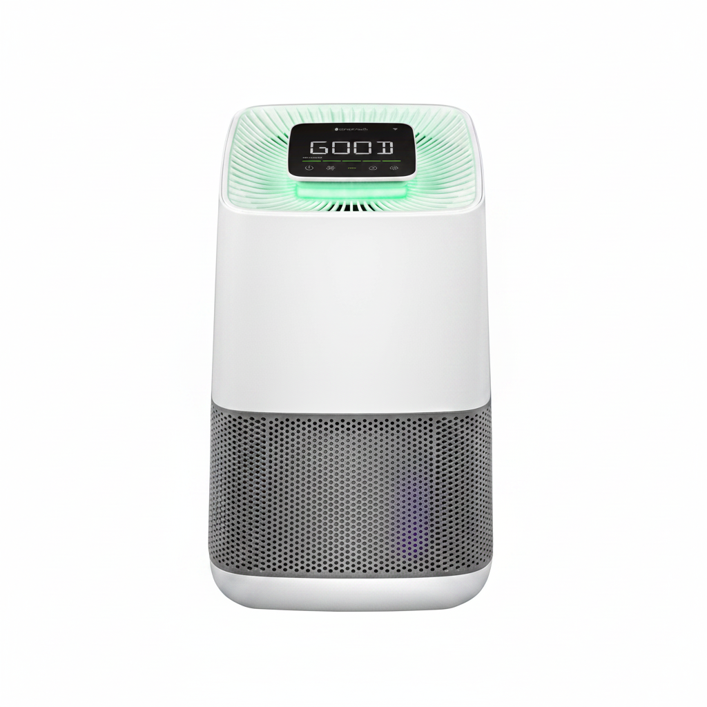 pureAir Active HEPA+ room air purifier  with a green light and digital screen reading 'GOOD' all set in a White Background 