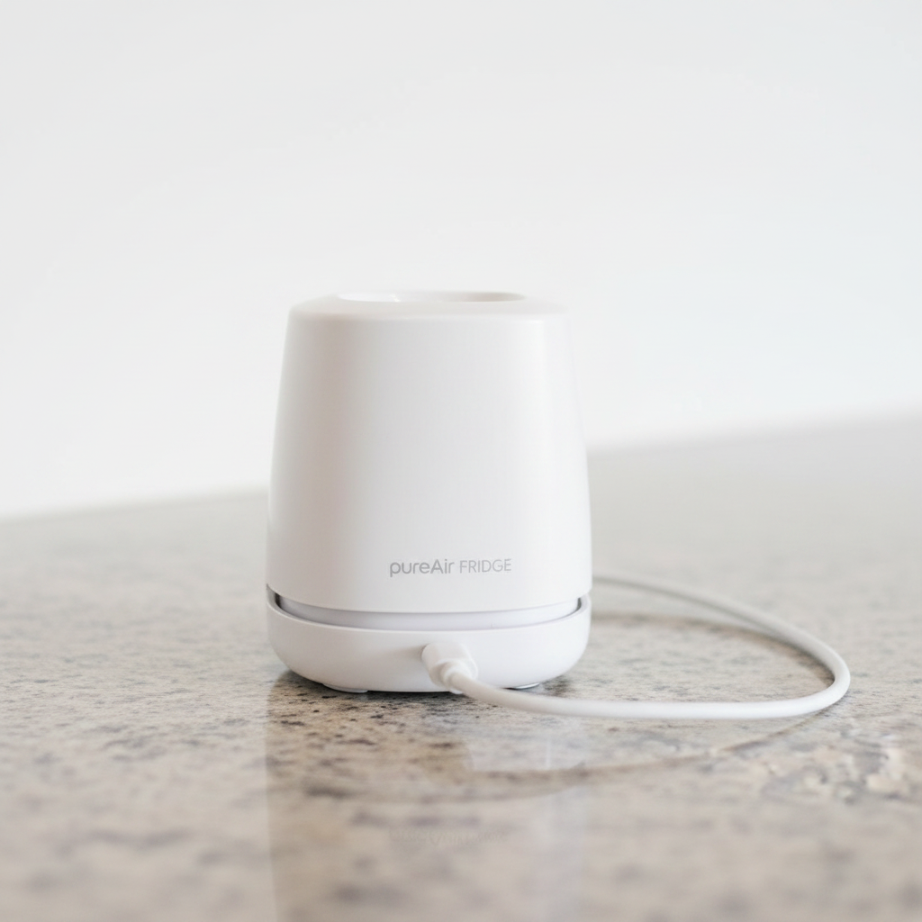 A white PureAir Fridge deodorizer  sitting on a speckled granite countertop with a white cord trailing to the right, against a clean white background.