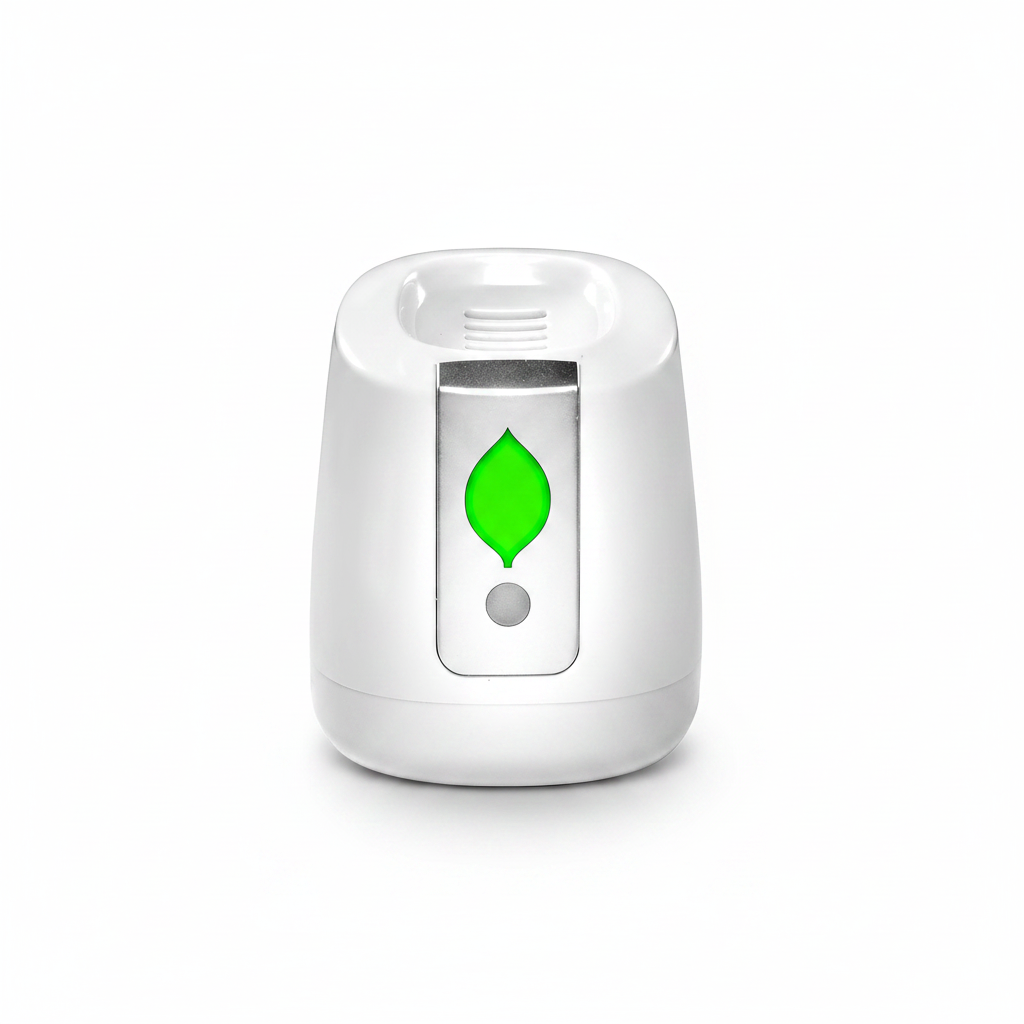 A white electronic fridge deodorizer with a sleek, rounded rectangular shape, featuring a green leaf icon on a silver panel on the front, set against a plain white background.