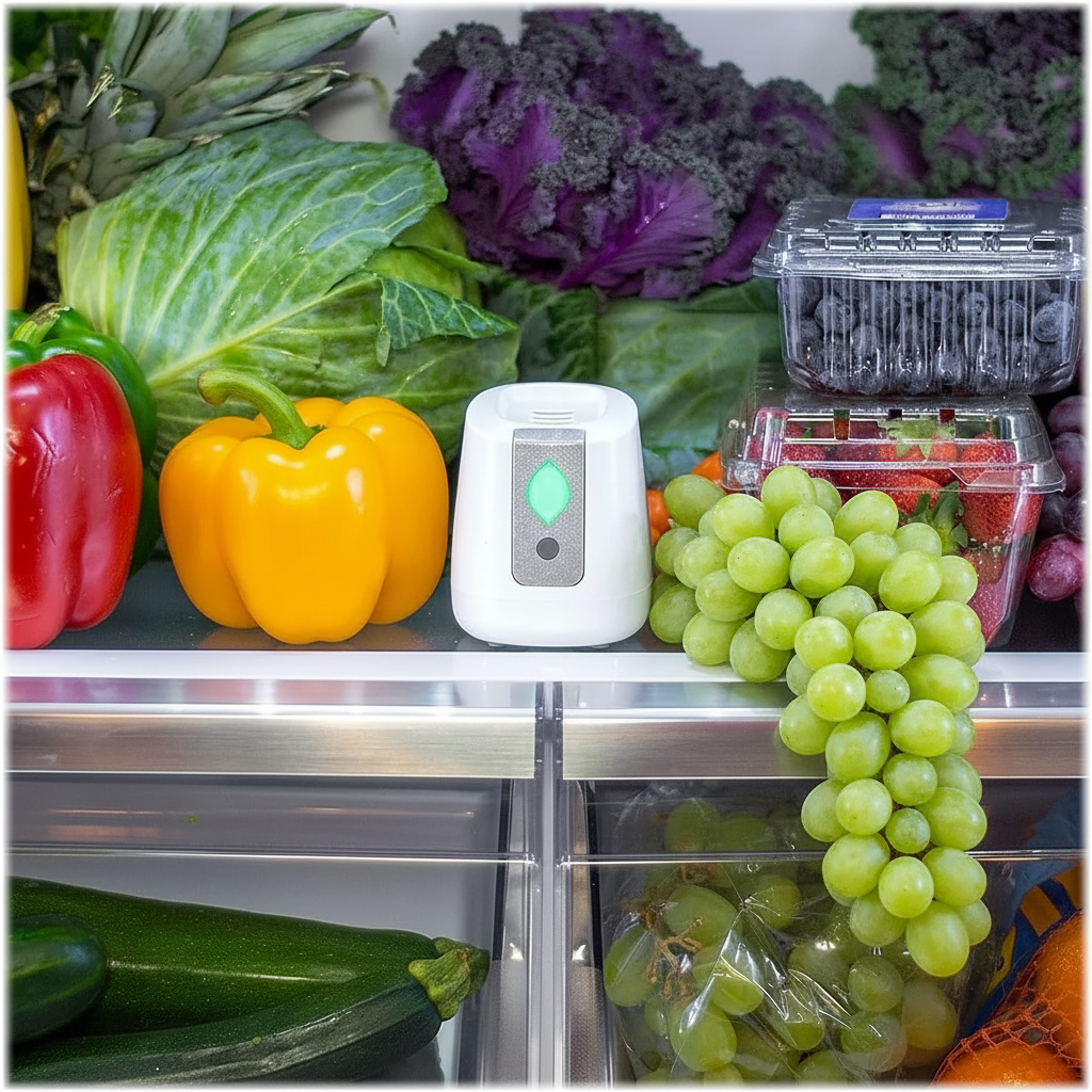 A white pureAir Fridge deodorizer with a green light indicator sits on a refrigerator shelf surrounded by fresh vegetables and fruits, including lettuce, bell peppers, grapes, strawberries, and zucchini.