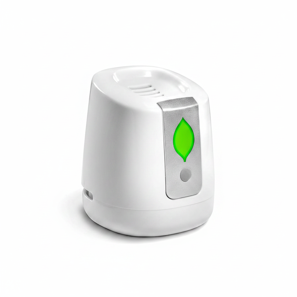 side view of a white electronic fridge deodorizer with a sleek, rounded rectangular shape, featuring a green leaf icon on a silver panel on the front, set against a plain white background.