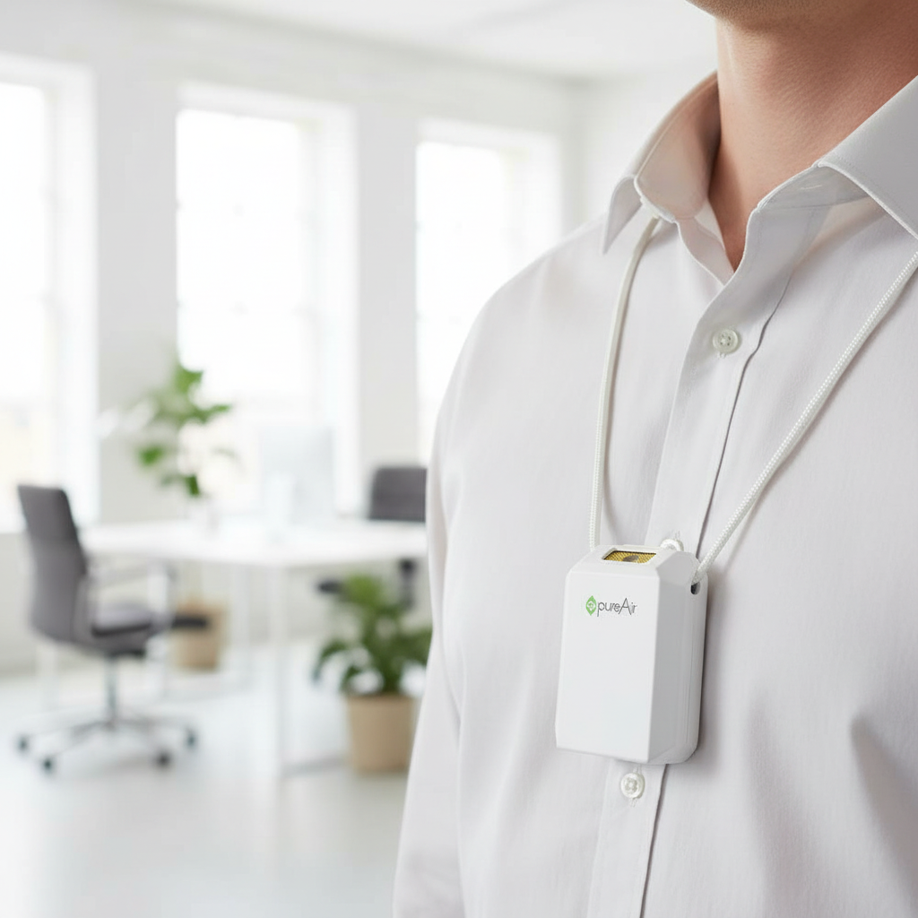 A close-up of a person wearing a white button-down shirt with a small white pureAir SOLO portible air purifier hanging from a cord around the neck. The device has a green logo and is shown in a bright, modern office setting with blurred desks and chairs in the background.